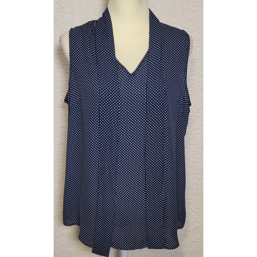 Adrianna Papell Polka Dot Blouse Size L‎ Sleeveless V-Neck Tie Neck Blue 1220